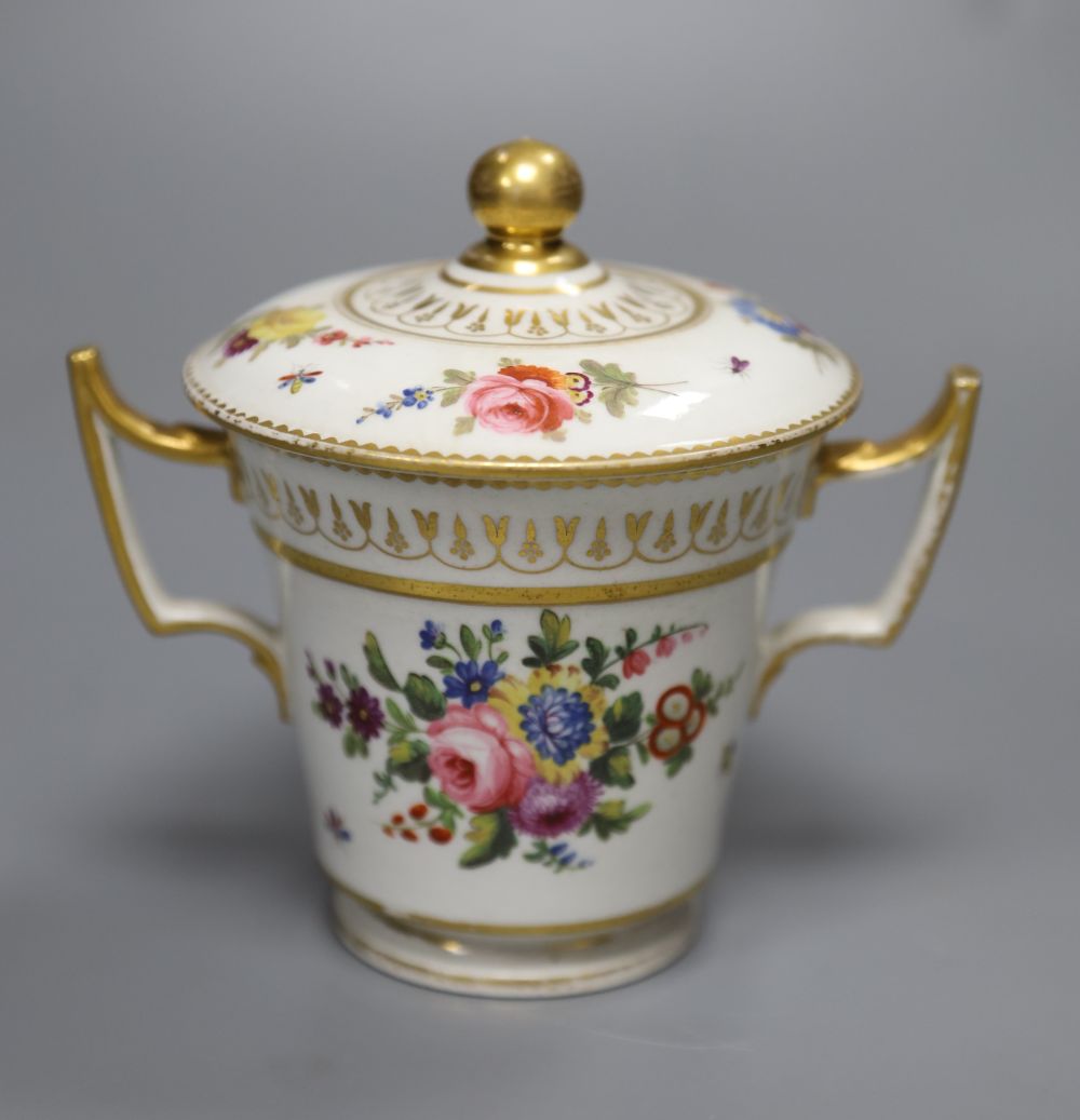 An English porcelain two handled cup and cover, early 19th century, possibly Coalport, painted in Billingsley style, height 12cm